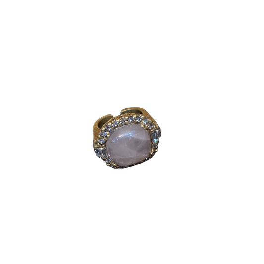 Vitatge style 18k-gold plated brass ring a quare shape with Rose quartz and rhinestone