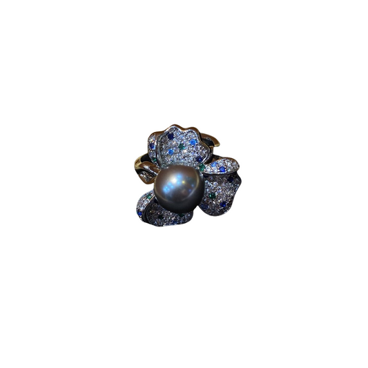 Vitatge style 925silver plated brass ring a flower shape with rhinestone and keshi color glass pearl
