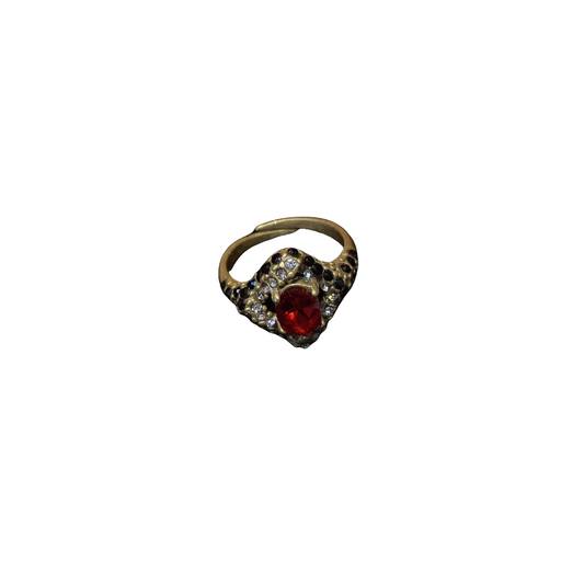 Vitatge style 18k-gold plated brass ring a square shape with red rhinestone and white & naveyblue diamonds