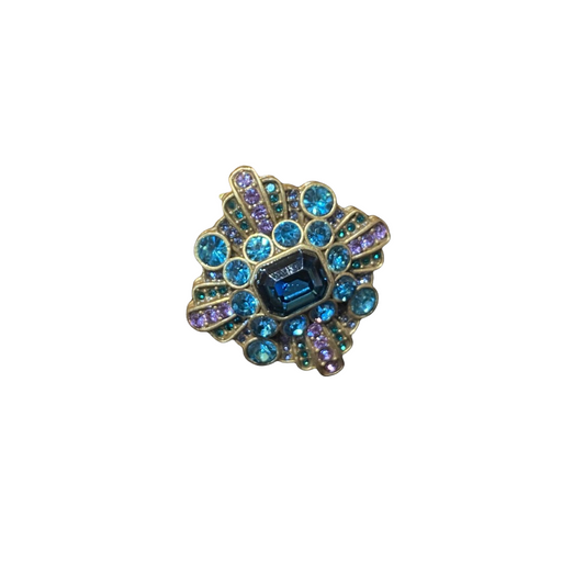 Vitatge style 18k-gold plated brass ring square shape with blue and white hinestones