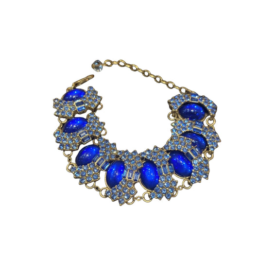 vintage style 18k-gold plated adjustable bracelets made by several oval blue coloured glaze with blue rhinestones gorgerous & chariming
