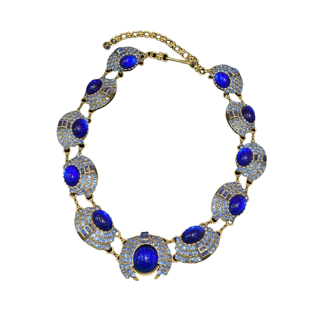 vintage style 18k-gold plated adjustable necklaces made by several oval blue coloured glaze with blue rhinestones gorgerous & chariming