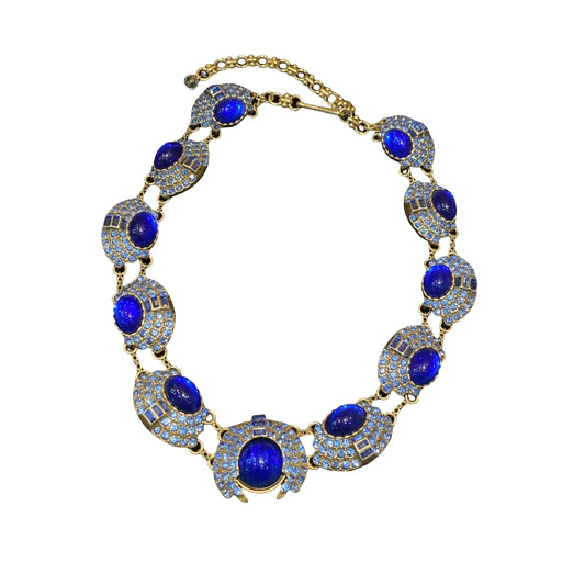 vintage style 18k-gold plated adjustable necklaces made by several oval blue coloured glaze with blue rhinestones gorgerous & chariming