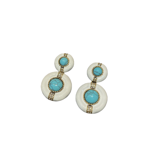 vintage style 18k-gold plated white enamelled earrings with a circle turquoise and two circles drop earings.