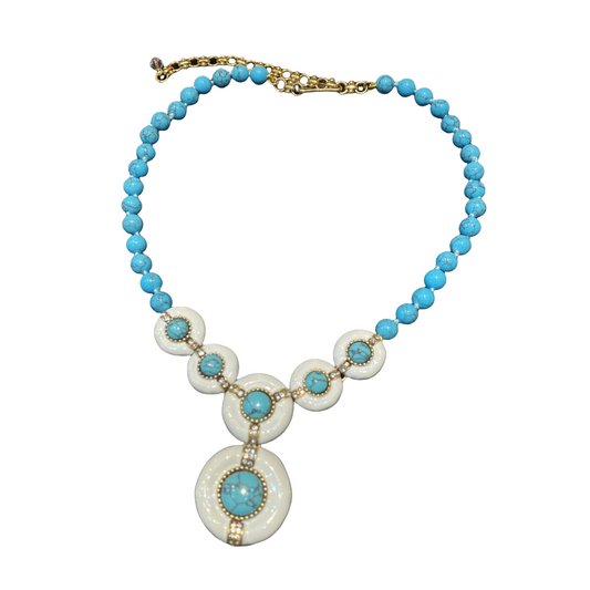 vintage style 18k-gold plated adjustable necklace white enamelled in five circle turquoise and with turquoise beads necklace.