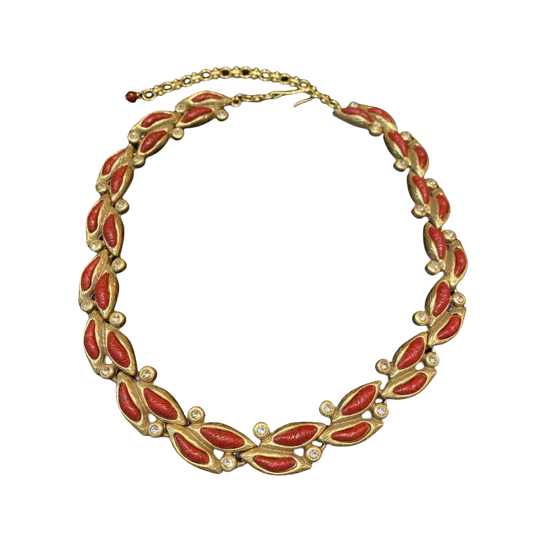 Fashion Vintage Designed brass adjustable Necklace 18k Gold-plated  With rhinestones and resin leaves shapes Women'S Jewelry