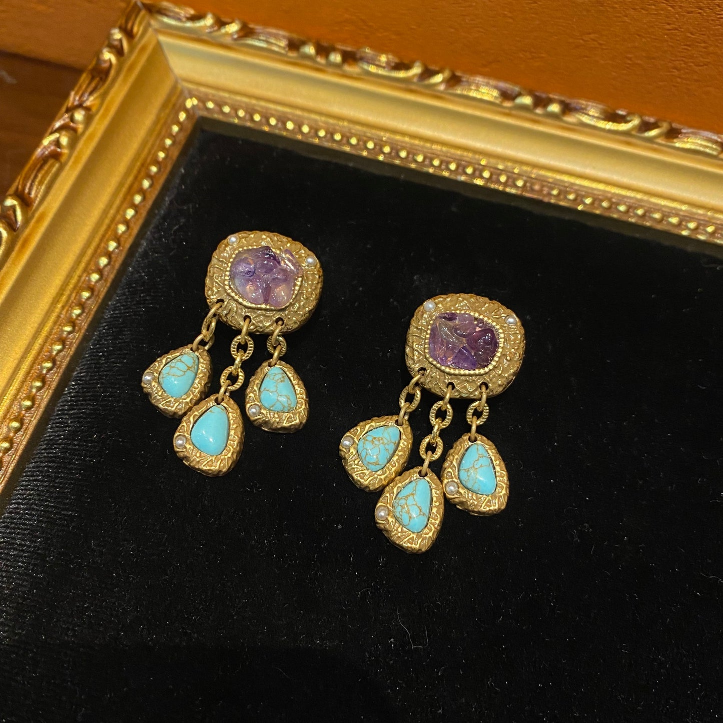 Vintage style designed a Squred shape with amethyst and tassle with turquoises earings fashion and trendy