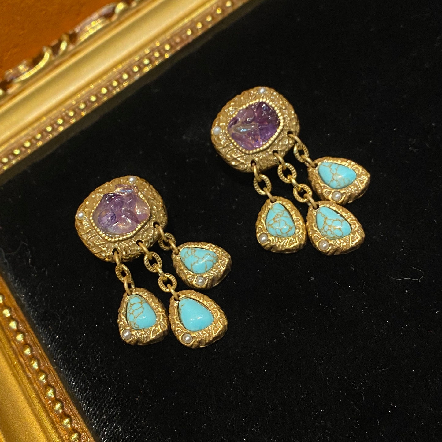 Vintage style designed a Squred shape with amethyst and tassle with turquoises earings fashion and trendy