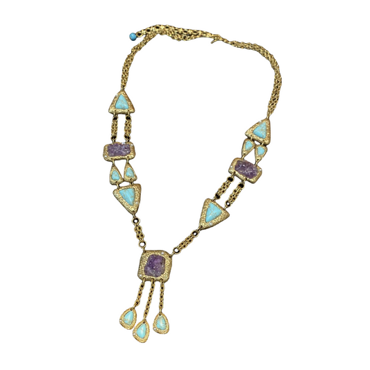 Vintage style designed adjustable brass necklace squred shape with amethyst and tassle with turquoises pendant fashion and trendy