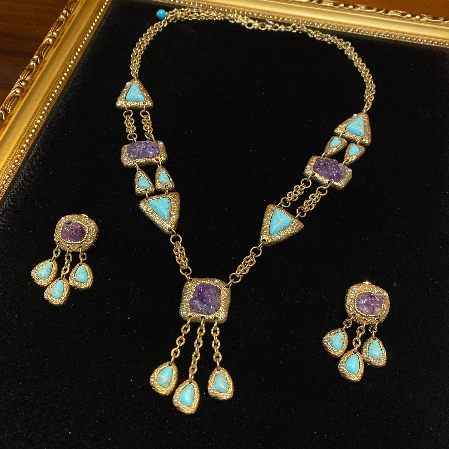 Vintage style designed a Squred shape with amethyst and tassle with turquoises earings fashion and trendy