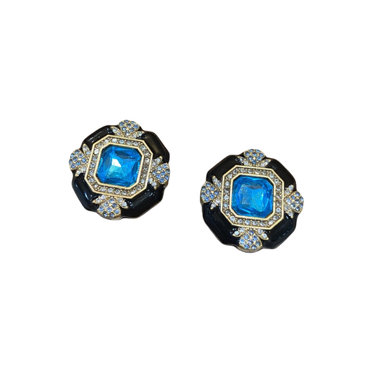 Vintage style designed brass 18k-gold plated square earings with black enamelled and blue main rhinestone in the middles