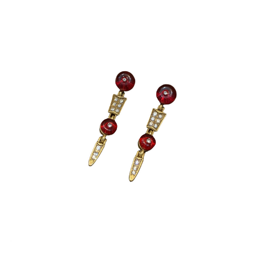 Vintage style designed brass 18k-gold plated tassel earrings with red colored glaze and serveral rthinestone