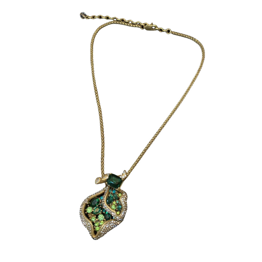 vintages style designed brass 18k-gold plated leaf shape denpant necklace green rhinestone and green diamonds gorgerous and charming drop necklace