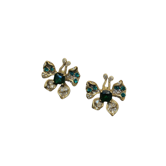 vintage style designed butterful earrings with green rhinestones brass 18k-gold plated cute and trendy