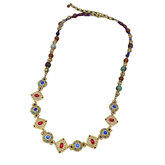 vintage style designed adjustable brass 18k-gold plated necklace with nature stones red colored glaze and rhinestones trendy