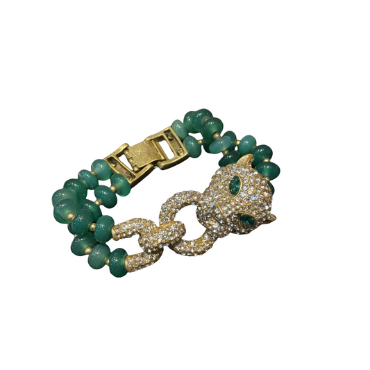 Vintage style 18k-gold plated brass in a panthera pardus shape with zincons and green agates as the double layer chains  gorgerous.