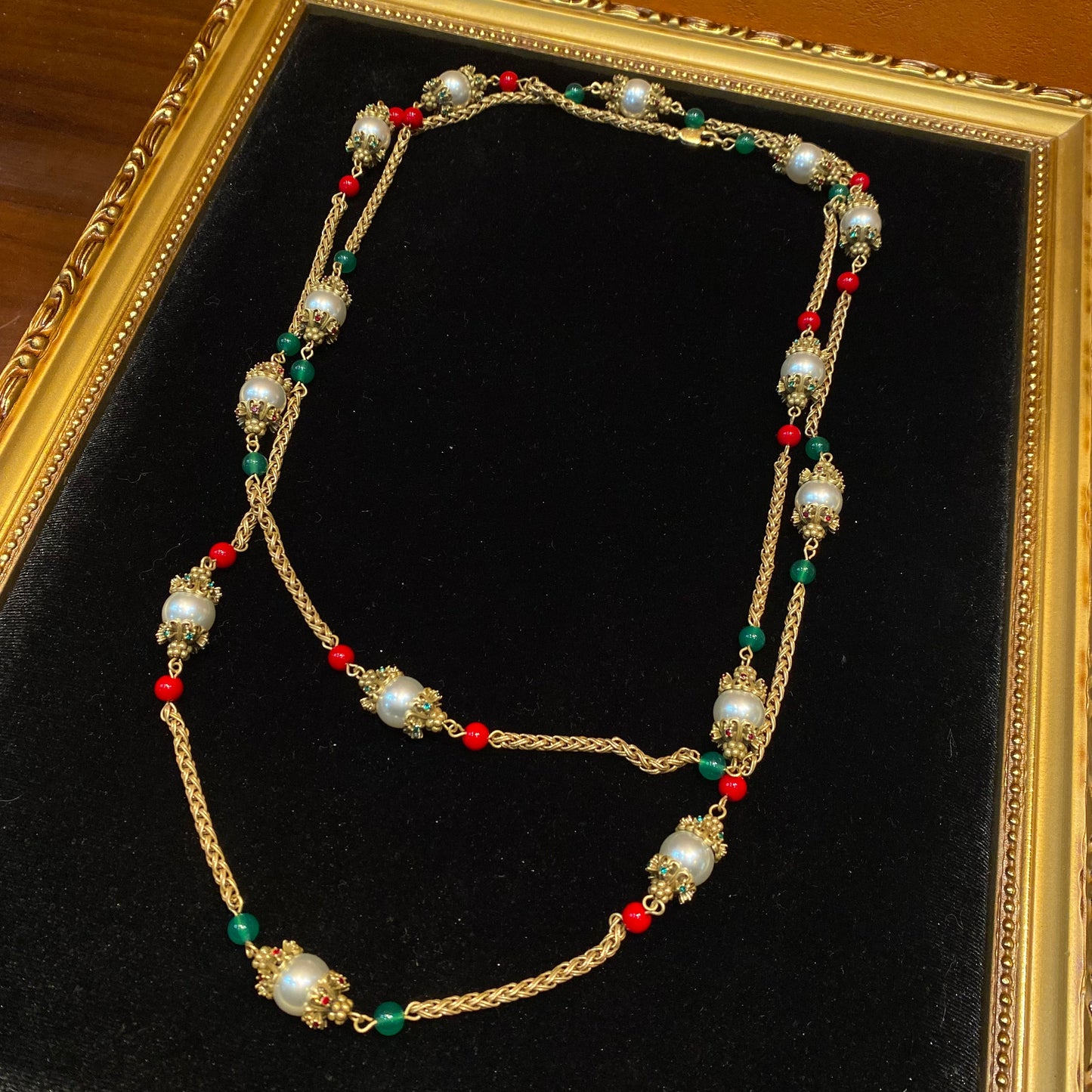 vintage style designed brass long necklace with glass pearls and natural stone beads.