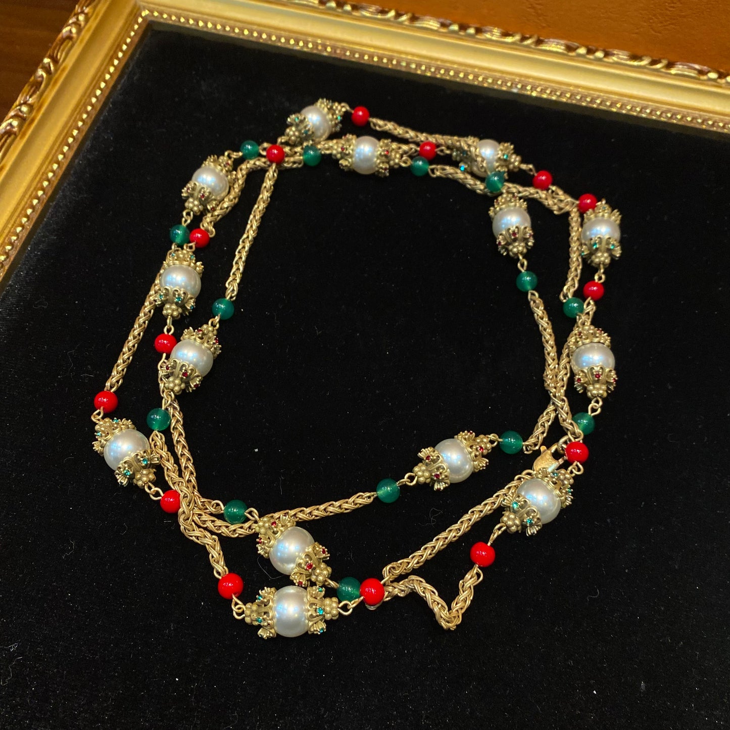 vintage style designed brass long necklace with glass pearls and natural stone beads.