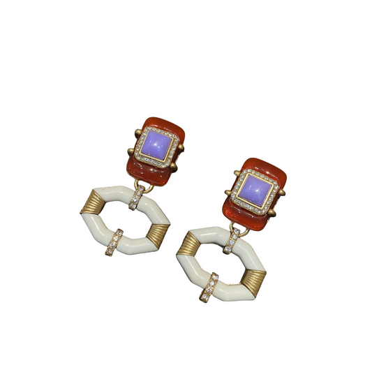 vintage style brass 18k-gold geometric drop earring with white enamelled, red agate and purple natural stone and diamords.