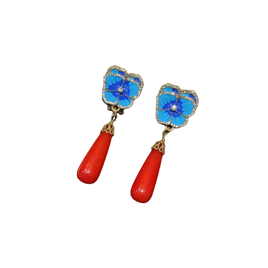 Vintage style designed flower shape brass 18k-gold plated with blue colors enamelled with natural stone drop earrring.