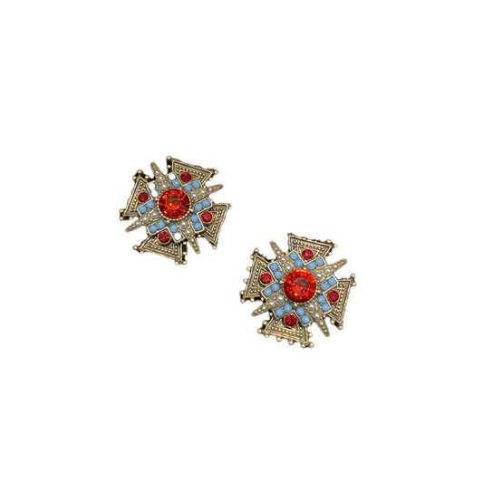 Vintage style designed crossing earrings shape brass 18k-gold plated with red rhinestone and turquoise beads.