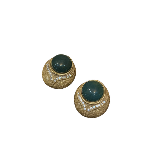 Vintage style designed 18k-gold plated brass with circle dark green natural stone with rhinestone geometric earrings