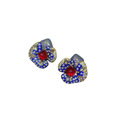 Vintage style designed 18k-gold plated flower shape brass with blue and red colored glaze and rhinestones earrings
