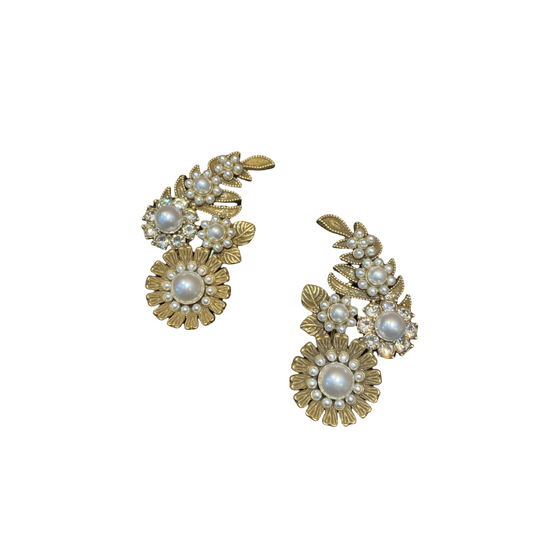 vintage style 18k-gold plated brass flower shape earrings with glass pearls elegent earrings