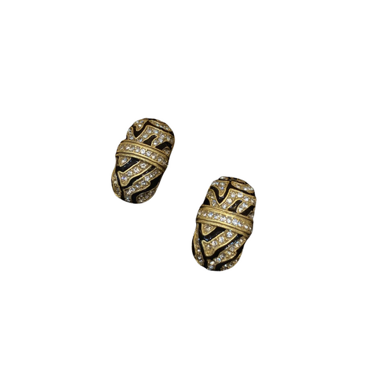 Vintage style 18k-gold plated brass geometric shape with black enamelled and rhinestones earrings