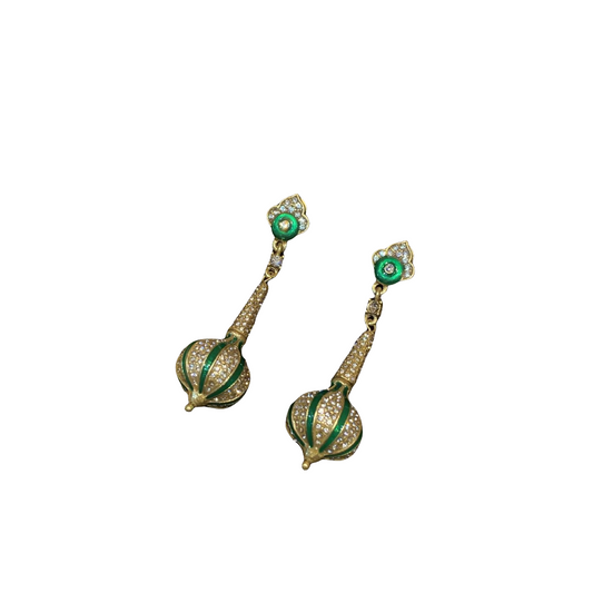 Vintage style 18k-gold plated brass ball shape with green enamelled and rhinestones drop earrings