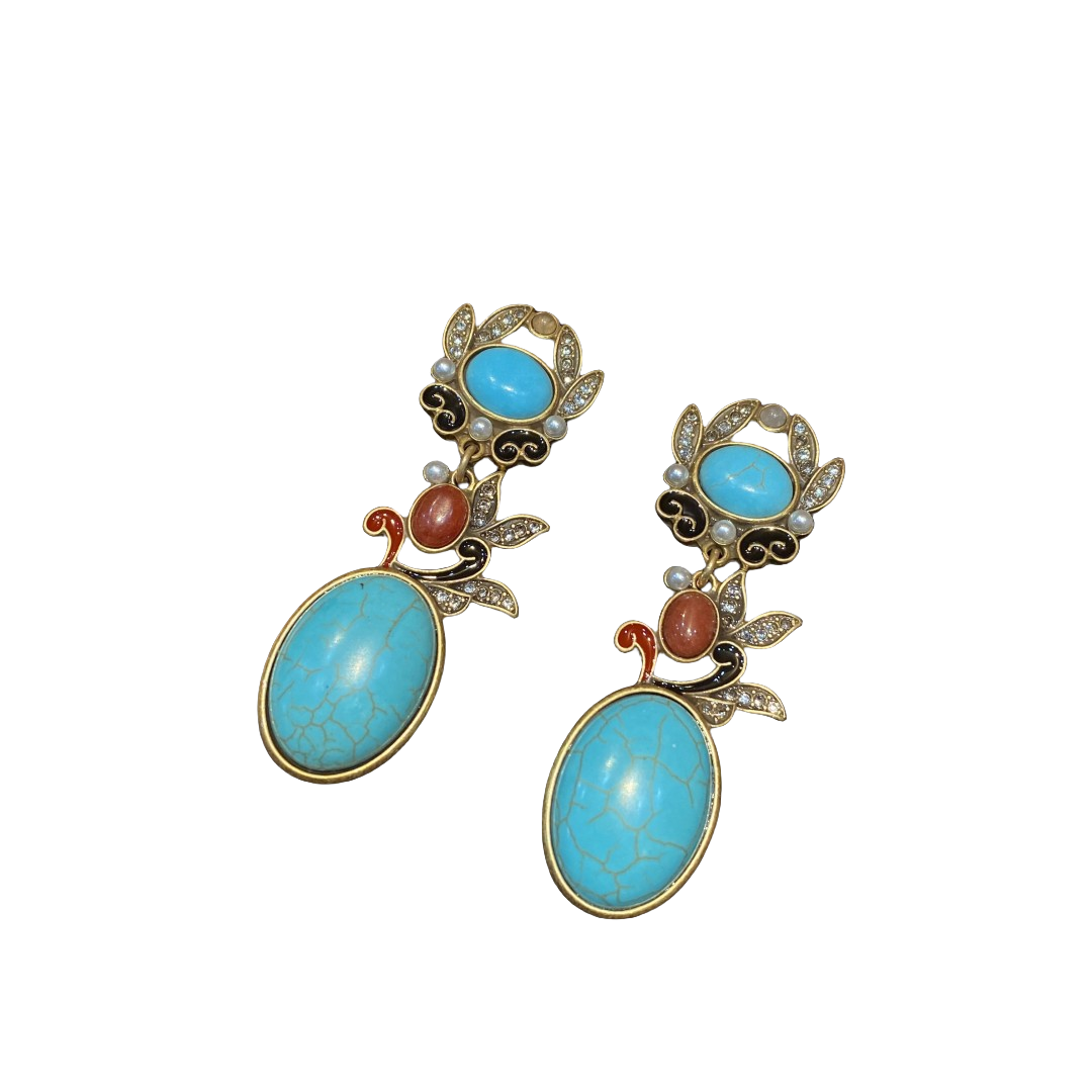 Vintage style designed 18k-gold plated drop earrings brass oval shape turquoise denpand and flower brass shape with red agate
